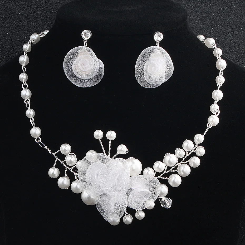 

Simple Lace Rose Bride Jewelry Set Pearl Necklace Earring Handmade Wedding Accessories