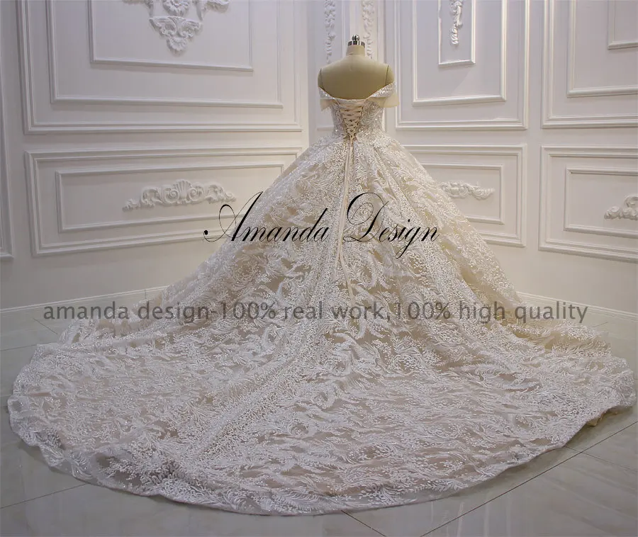 Аманда дизайн vestido de noiva princesa с открытыми плечами Блестящий лодочка шеи Кружева Шампанское свадебное платье