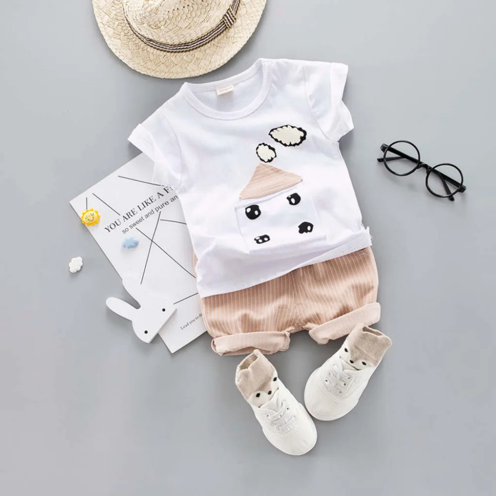 Baby Boy Clothes Cartoon Striped Print Tops Denim Shorts Set 2PCS Outfits Sets Summer Cotton Dropshipping | Детская одежда и обувь
