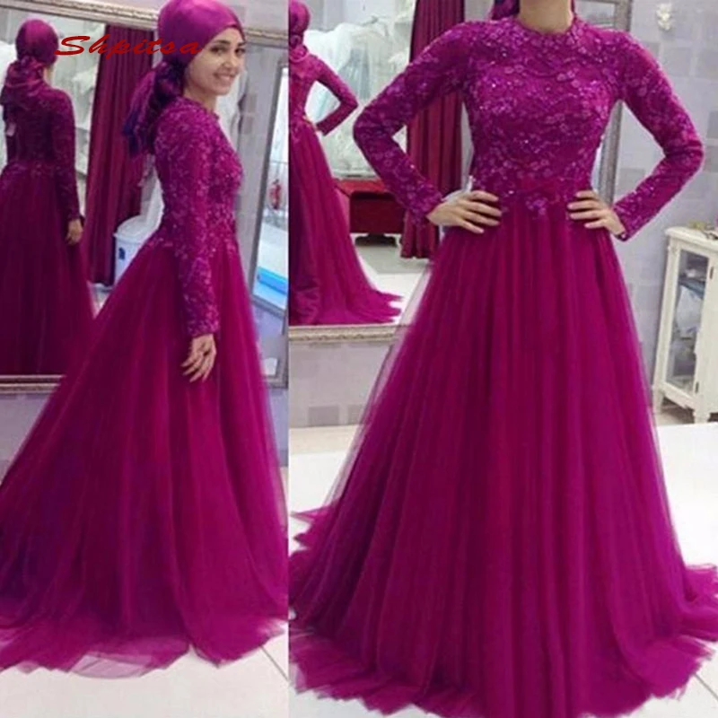 

Long Sleeve Lace Muslim Evening Dresses Party Arabic Dubai Plus Size Sequin Ladies Women Muslim Formal Dresses Evening Gown