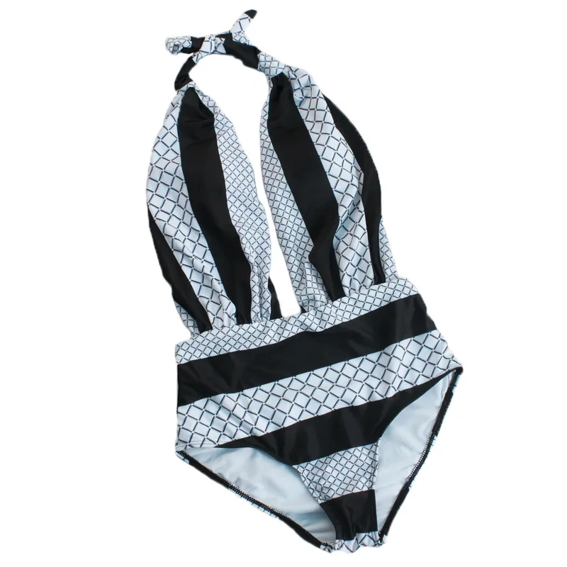 Женский купальник в полоску Tonichella черный или белый с глубоким v образным вырезом