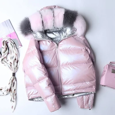 pink fake fur Женская зимняя куртка, пуховик с воротником из натурального Лисьего меха, парка, верхняя одежда, Толстая Теплая Зимняя коллекция, модное Свободное пальто на утином пуху - Цвет: pink fake fur