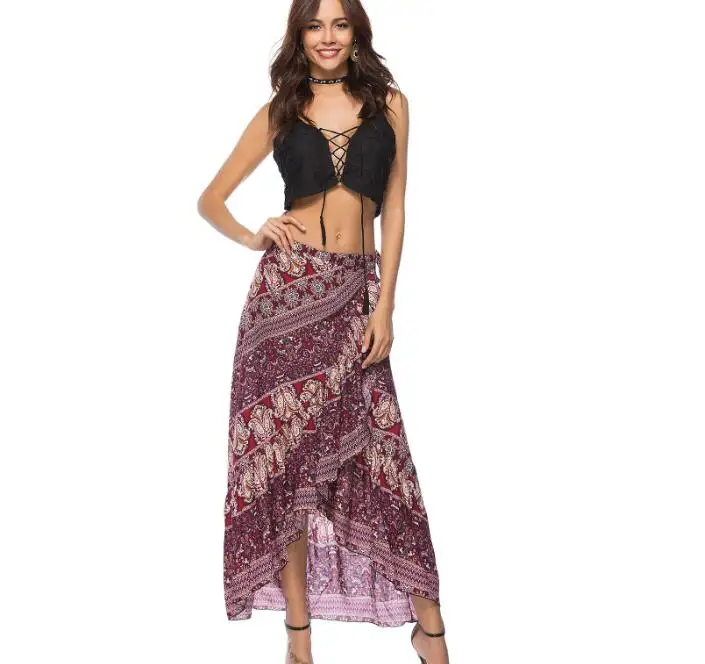 Women 2022 Summer Boho Floral Print Pleated Long Maxi Skirt Bohemian Vintage Floor Length Sexy Ruffle Beach Skirts Women *new*