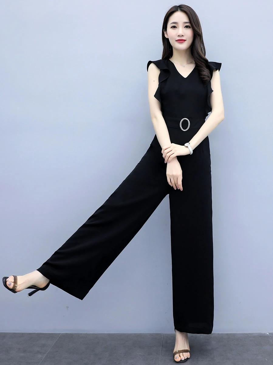 Black Elegant Office Lady Solid Ruffle Sleeveless Rompers Summer Workwear  Women Jumpsuits