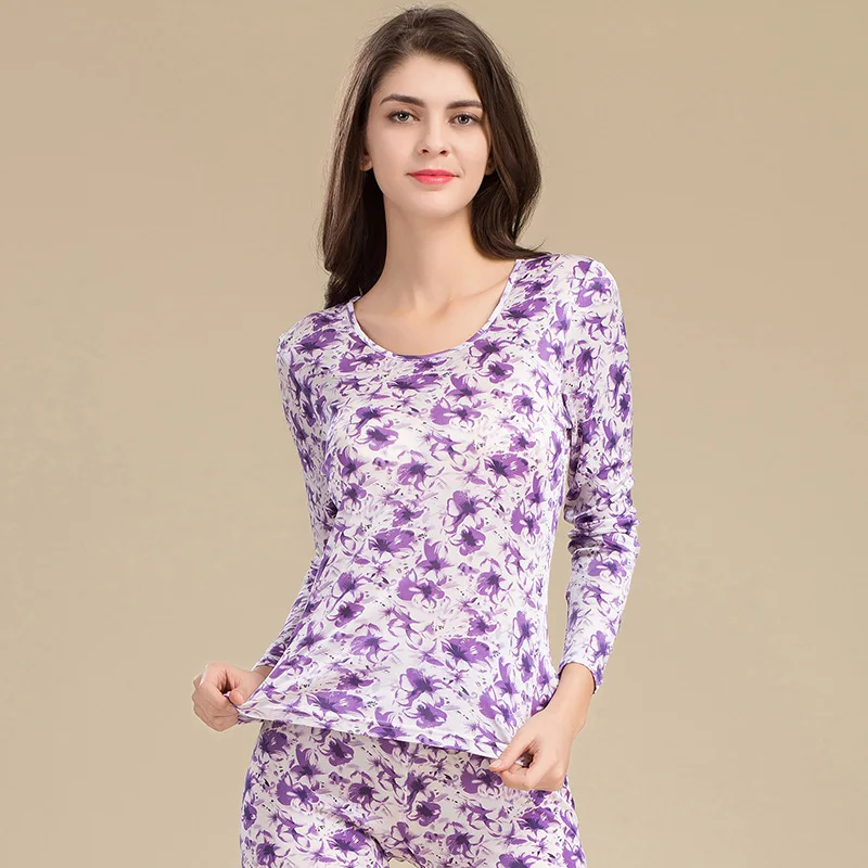 A New Spring 100% pure Silk Knitting T-shirt Printing Lady Thermal Underwear Sets Long Johns