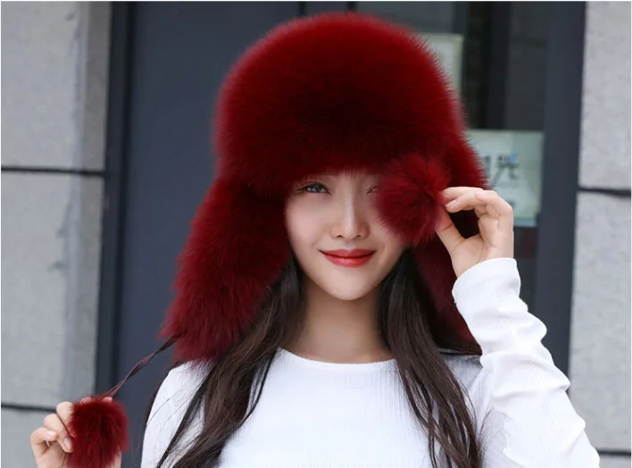 Red wine 19 nuevo invierno ruso натуральный Лисий sombrero de piel caliente Venta caliente buena calidad piel de zorro bombardero sombreros g - Цвет: Red wine