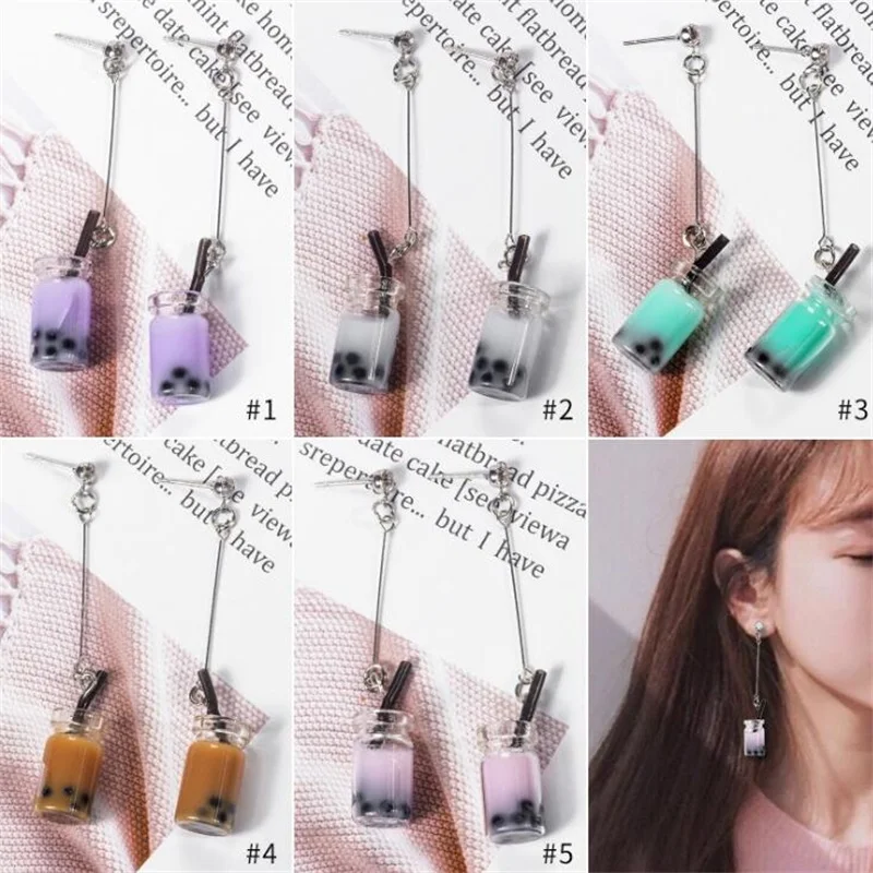 2019 Japanese Korean Harajuku style creative peraonality pearl milk tea long dangle glass earrings for women jewelry accessories | Украшения