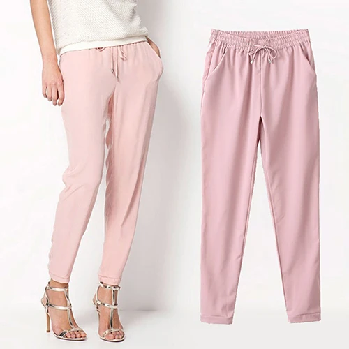 Повседневные женские брюки однотонные шифоновые шаровары на шнуровке с