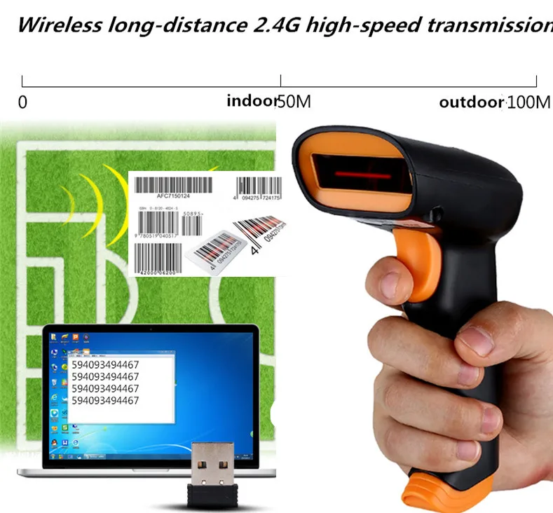 Wireless Barcode Scanner 2000mAh Bar Code Reader 2.4G up to 50m Laser One dimension code Wireless/Wired For Windows PC |