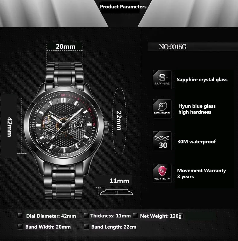 Анжела BOS Элитный бренд черный механические самозаводящиеся автоматические