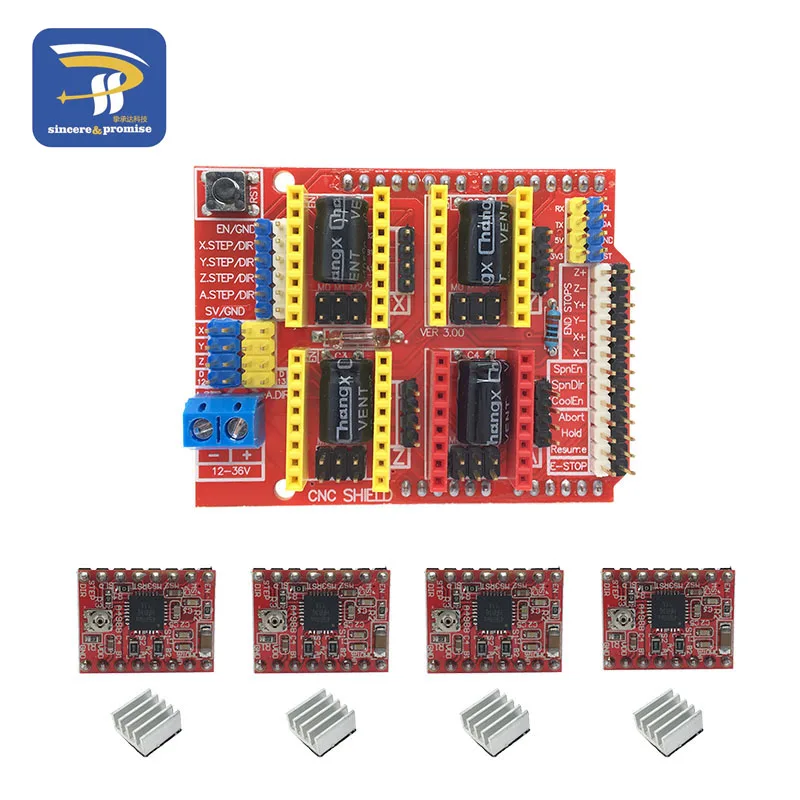 A4988 Red CNC щит V3 гравировальный станок 3D Printe+ 4 шт. A4988/DRV8825/AT2100 Плата расширения драйвера для Arduino UNO R3 - Цвет: A4988 Red