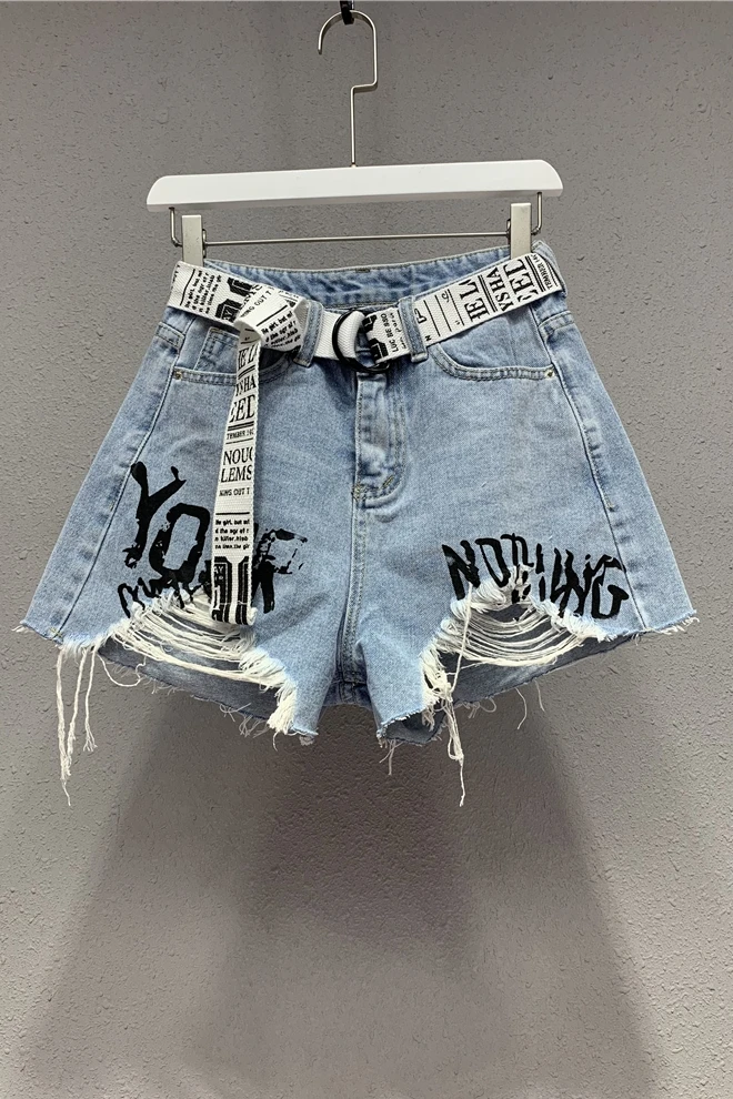 

2019 Shorts Wide Leg Pants High Waist Jeans Woman Ripped Washed Button Pockets Hole Zippers Bleached Regular Softener Punk Style