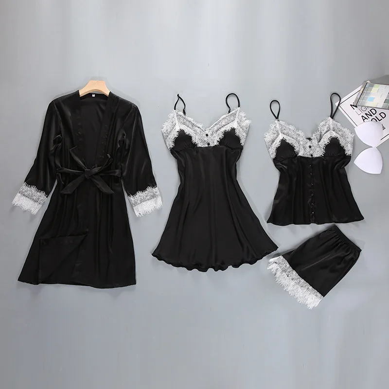 Сексуальный весенний банный халат пижамный комплект Женский из 4 предметов топ