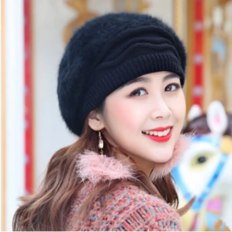 Двухслойная шерстяная теплая шапка Skullies & Beanies мягкая женская вязаная с кроличьим