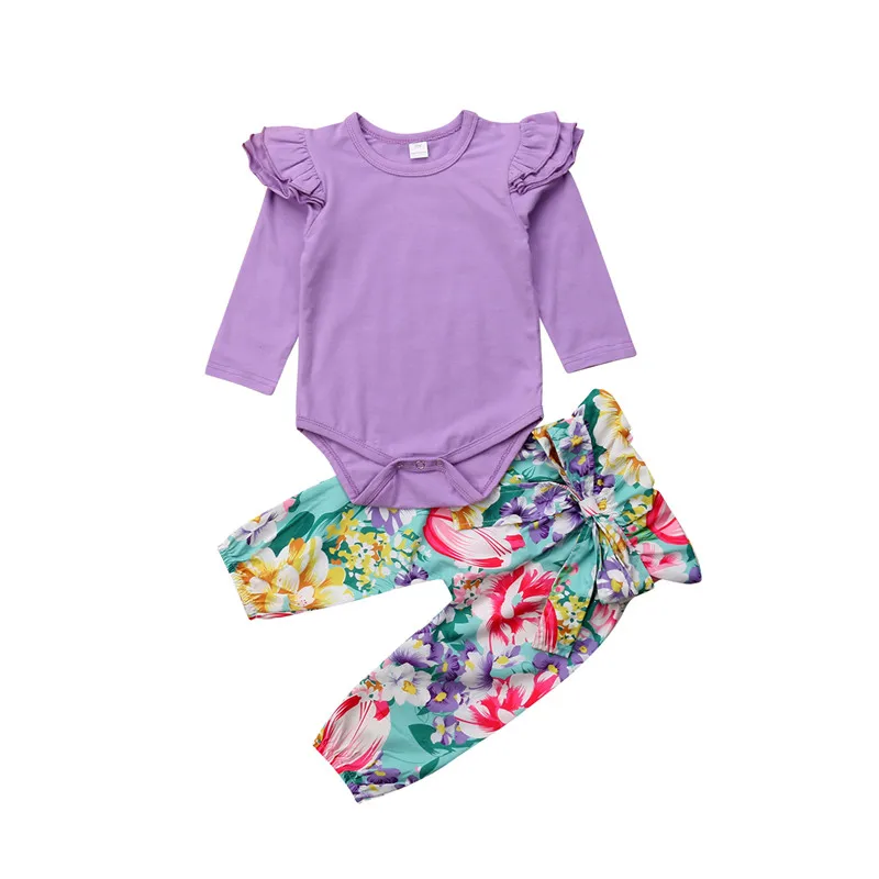 

Cute Sweet Clothes Newborn Baby Girl Fly Sleeve Solid Tops Romper+Flower Pants Autumn Outfits Clothing Cotton Long Sleeve 0-24M