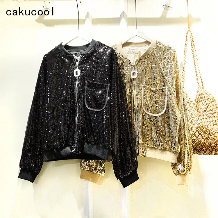 Cakucool полный расшитая блестками куртка весна украсить Бейсбол бомберы Bling