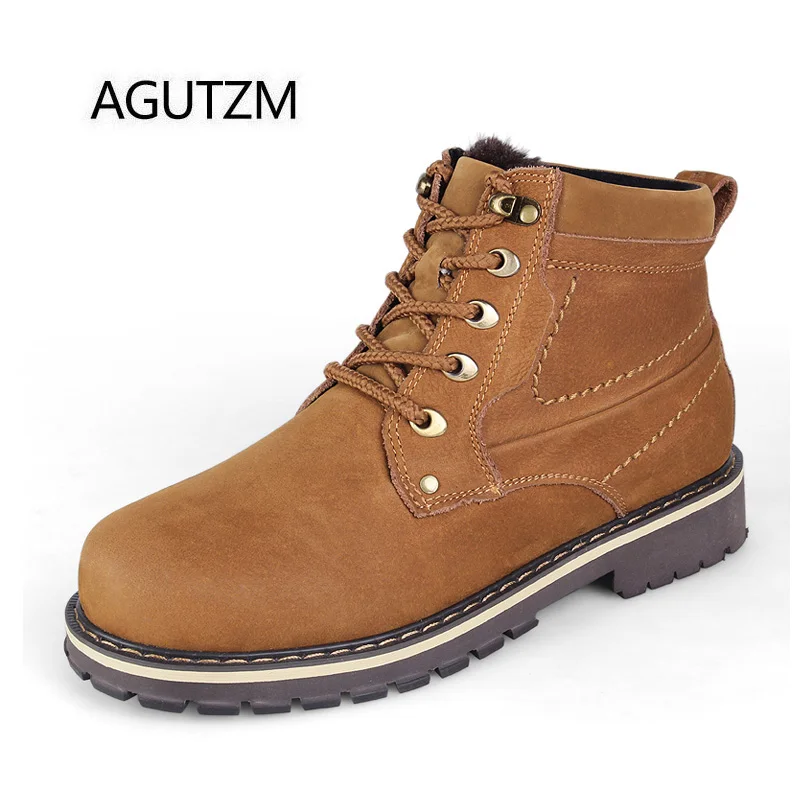 AGUTZM 8988 Fashion Lace Up 100% Genuine Leather Men's Winter Boots Soft Cow Warm Plush Ankle Plus Size : 37-50 |