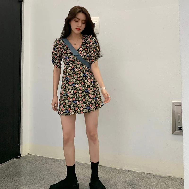 Для женщин платья для Ins девушка Kawaii Ulzzang винтажный буф рукавом платье с цветочным
