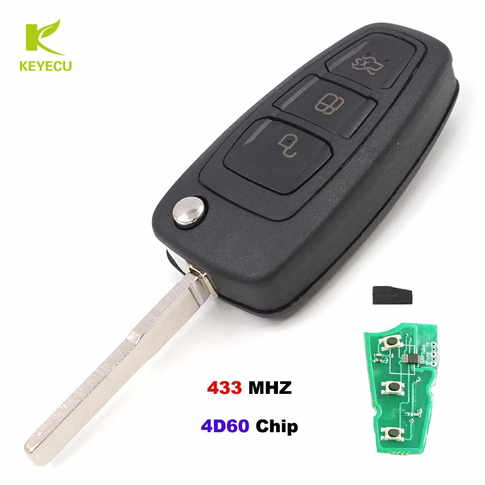 

KEYECU Replacement 3 Button 433MHZ With 4D60/4D63 Chip Uncut HU101 Folding Remote Key for Ford Focus Mondeo Fiesta 2001-2007