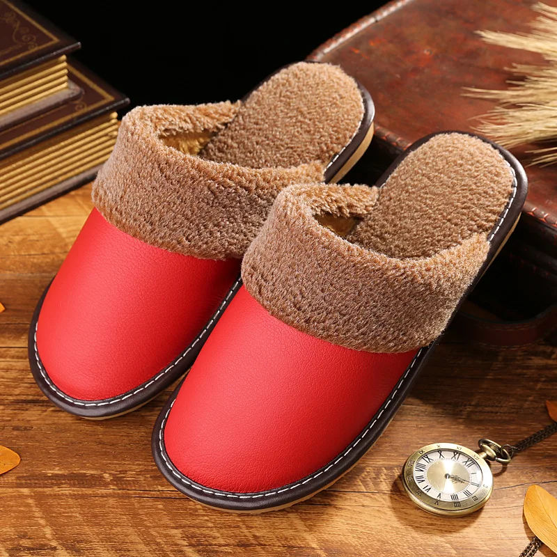 Тапочки из натуральной кожи с камнями Женские нескользящие теплые плюшевые