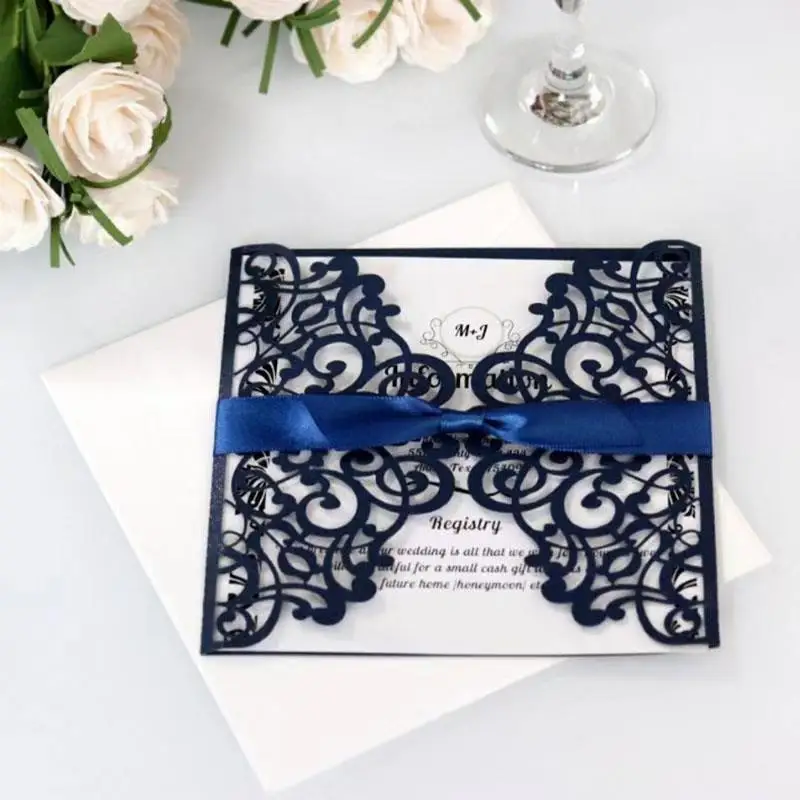 Navy Blue Wedding Invitations Laser Cut Invitation Card Square Greeting Cards with Ribbon Festive Party &amp Supplies | Дом и сад