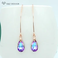 sz new 585 rose gold imitation crystal water drop dangle earrings long ear hook japanesekorean for women party jewelry gift