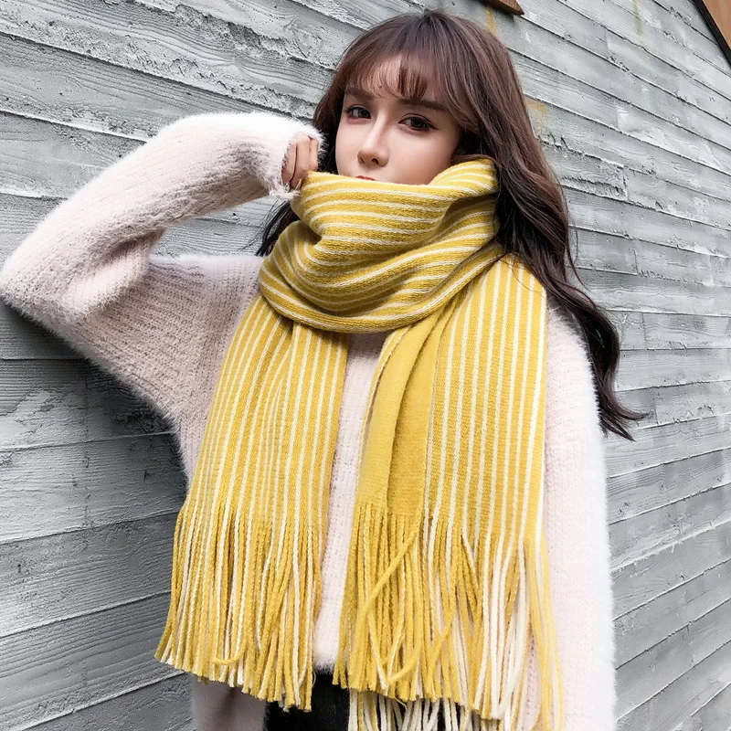 Зимний длинный шарф смешанных цветов универсальный теплый толстый полосатый