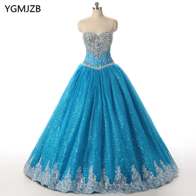 Синий Пышное Платье бальное платье Милая бисером кристалл кружева Vestidos De 15 Anos сладкий 16 платье Пром дебютантка платья