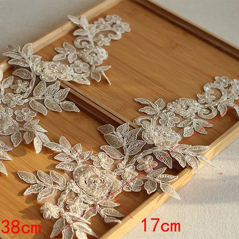 

1 Pair Champagne Golden Patches Handmade Alencon Lace Appliques Floral Embroidered Patches Wedding Supplies Bridal Hair Flower
