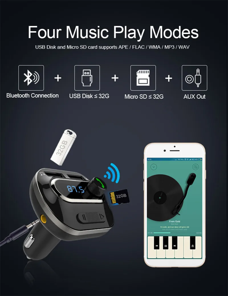 Автомобильный комплект громкой связи беспроводной Bluetooth fm-передатчик USB зарядное устройство AUX чтение microSD карты/u-диск DC 5 В 3.4A