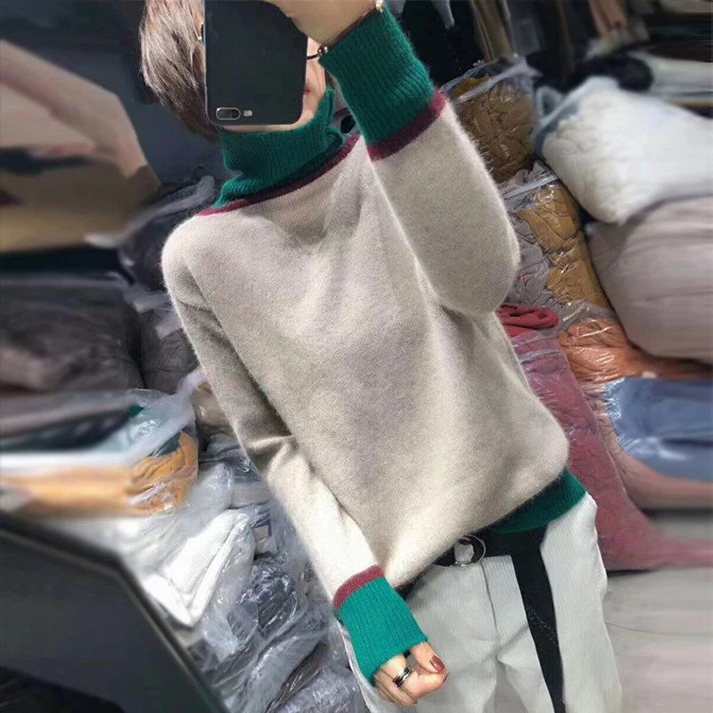 HZYRMY Autumn New Women's Cashmere Sweater Fashion High Collar Color matching Quality Pullover Winter Warm Wild Female Sweaters