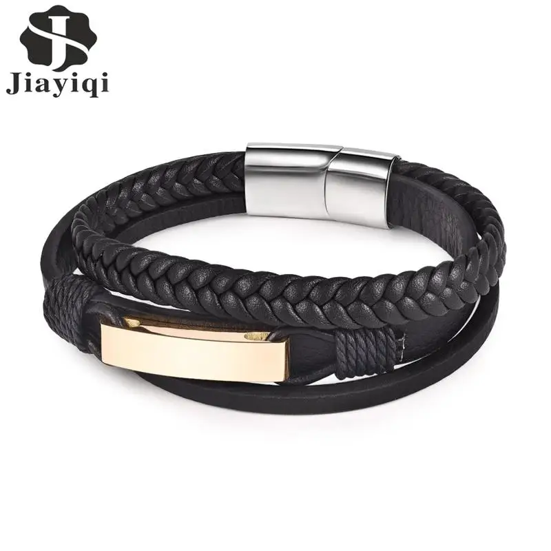 Jiayiqi New Vintage Genuine Leather Bracelet Stainless Steel Magnetic Clasp Bangle for Men Jewelry Punk Braid Multilayer Rope | Украшения и