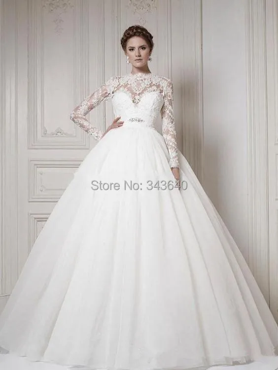 New Long Sleeve High Neck Crystals Lace Tulle Ball Gown Wedding Dress Bridal Custom Made Size 2 4 6 8 10 12 14 16 18+ W592 | Свадьбы и