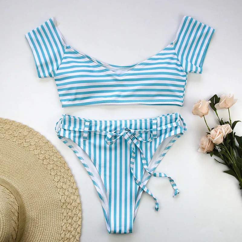 Сексуальный полосатый купальник бикини с открытыми плечами женский высокой