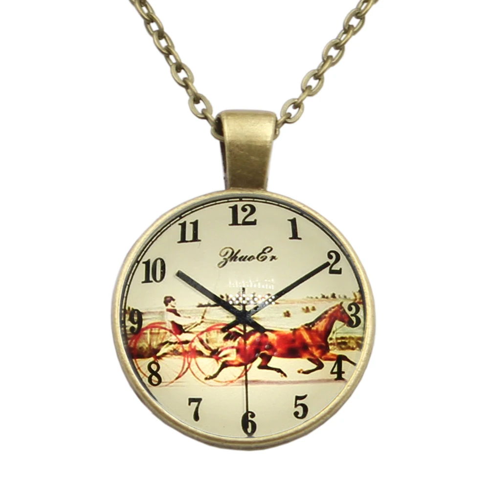 New Brand Jewelry Horse Clock Pocket Watches Charming Glass Cabochon Silver Color Long Pendant Necklace For Women Gift | Украшения и