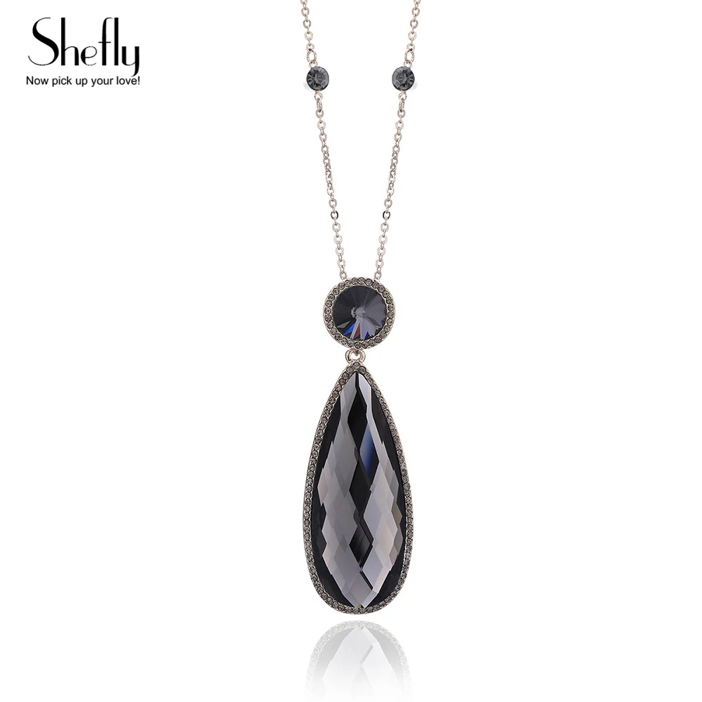 

Big Black Crystal Water Drop Pendant Necklace For Women 2021 Sweater Chain Jewelry on the Neck