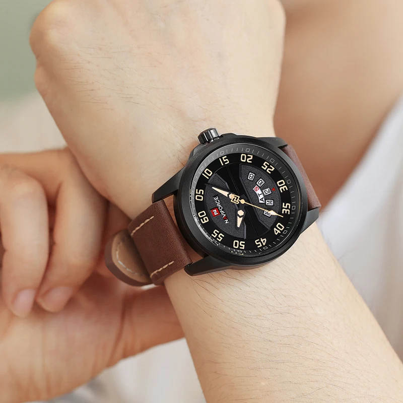 Часы NAVIFORCE мужские кварцевые с кожаным ремешком и календарем спортивные