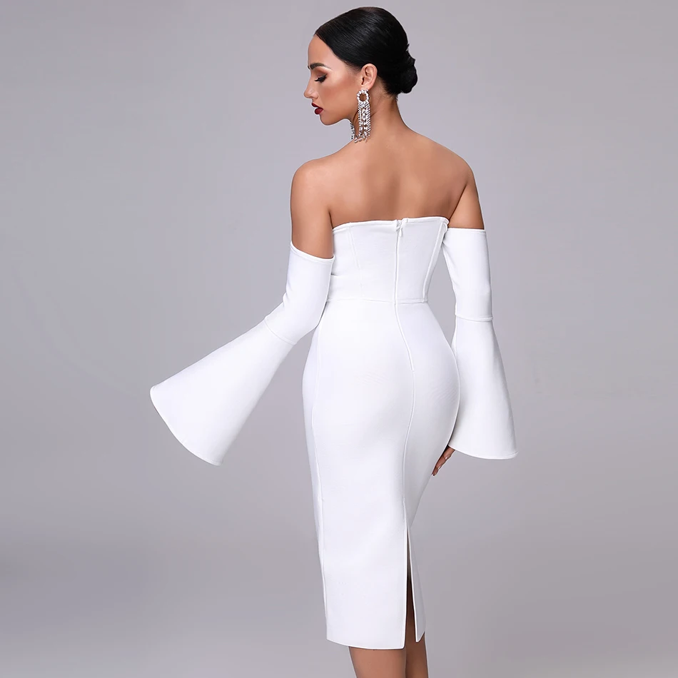

2021 New Summer Women Bandage Dress Elegant White Black Dress Sexy Flare Sleeve Midi Celebrity Party Christmas Dress Vestidos