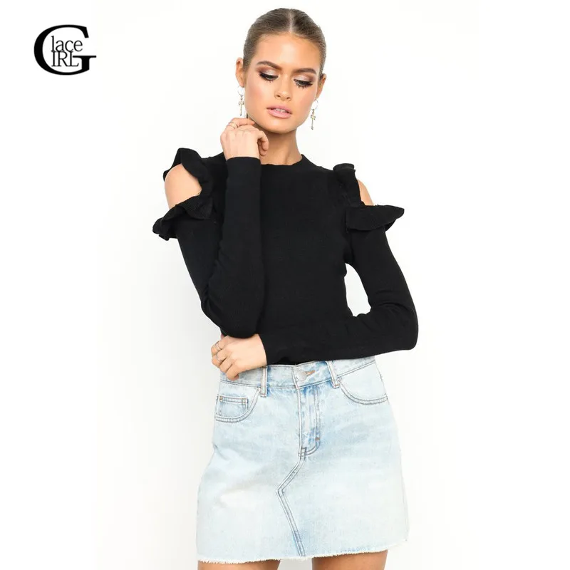 Кружево девушка 2017 Для женщин Зимняя одежда оборками с плеча вязаный свитер