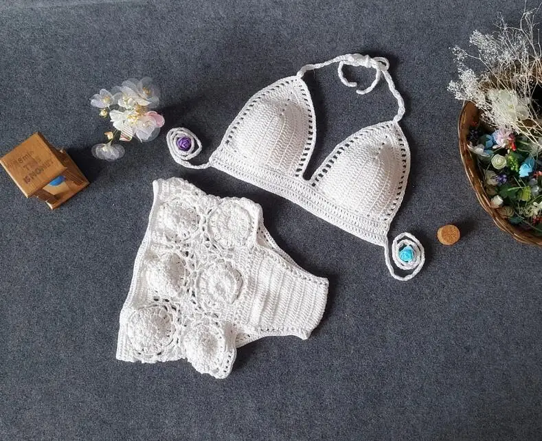 Кружевной вязаный купальник с высокой талией Бразильский бикини Женский