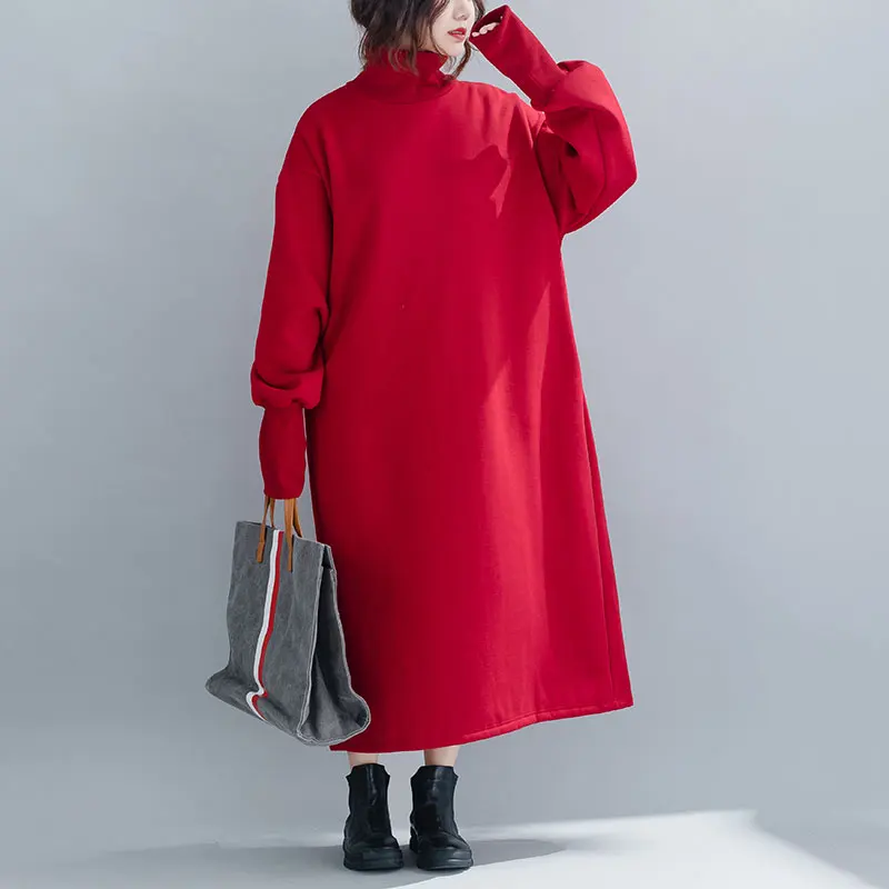 Oladivi Plus Size Women Velvet Hoodies& Sweatshirt Ladies Turtleneck Warm Coat Female Winter Long Top Tunic Vestidios Red Black