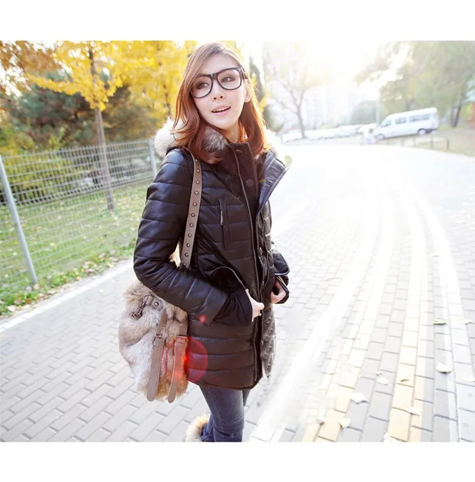 Женский зимний пуховик из натуральной овечьей кожи черная куртка в стиле пэчворк