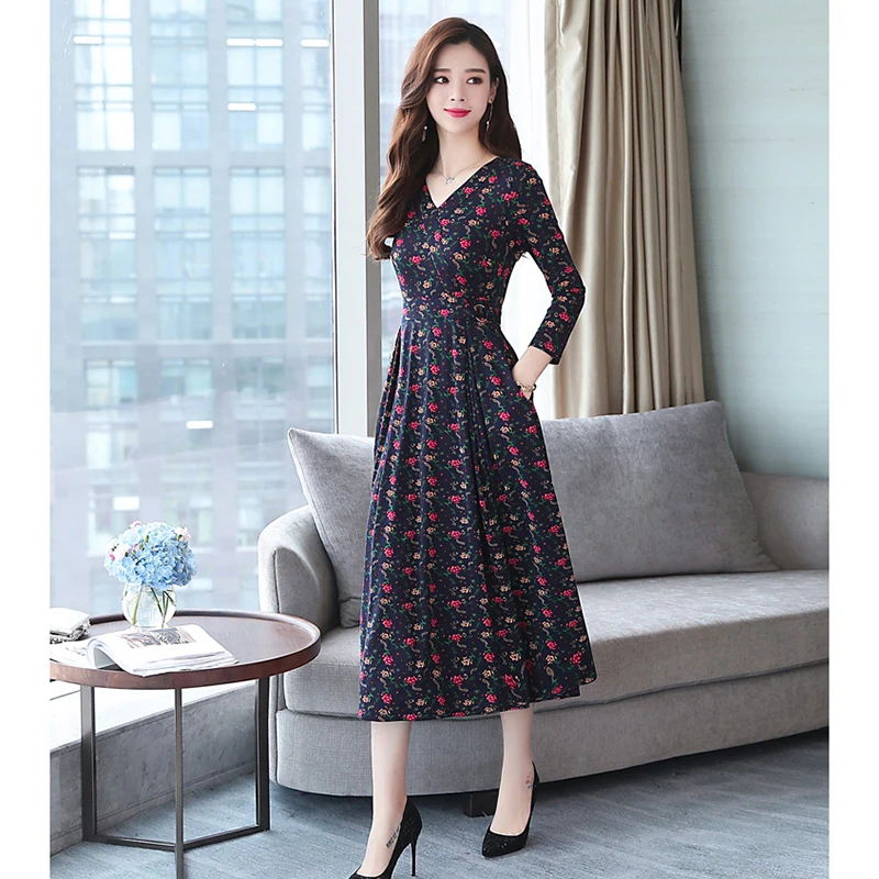 New Summer Vintage Long Sleeve V-neck Large Size MiDi Dress 2019 Bohemian Casual Mature Sexy Women's Club Party Vestidos | Женская