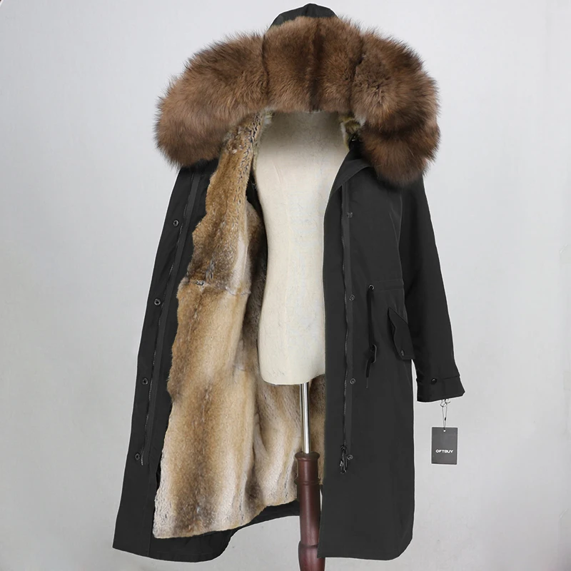 black brown OFTBUY, водонепроницаемая верхняя одежда, парка, зимняя куртка, Женское пальто с натуральным мехом, Воротник из меха серебристой лисы, капюшон, натуральный мех кролика, подкладка, теплая - Цвет: black brown