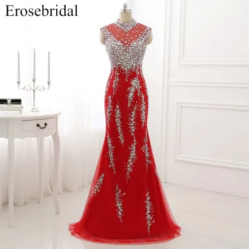 Color 2 Erosebridal вечернее платье с высоким воротом, длинное роскошное длинное вечернее женское платье с бисером, вечерние платья на молнии сзади с маленьким шлейфом - Цвет: Color 2