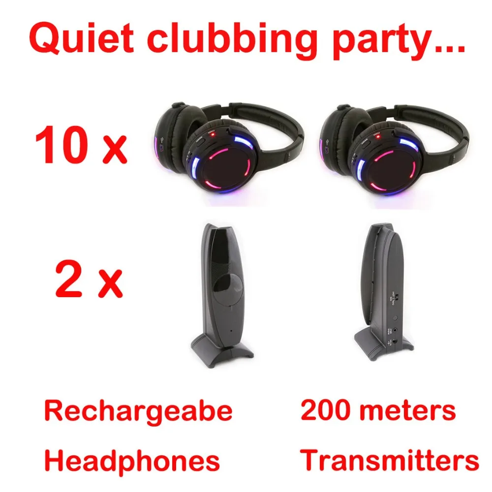 Silent Disco Compete System Black Led Wireless Headphones - Quiet Clubbing Party Bundle (10 Headphones + 2 Transmitters)