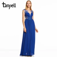 tanpell beaded evening dress dark royal blue cap sleeves floor length a line dresses women scoop prom formal long evening gown
