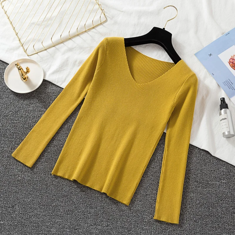 LJSXLS Women Solid Sweater Long Sleeve Fashion Tops Warm Woman Slim Sexy V Neck Knitted Pull Femme Poleras Sueter 2022 | Женская одежда