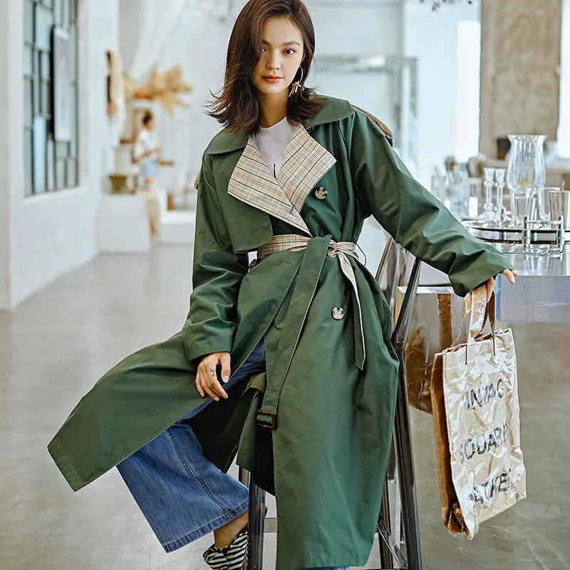 NANASTYLE 2018 осень мода длинный рукав Тренч отложной воротник Винтаж плед зеленый