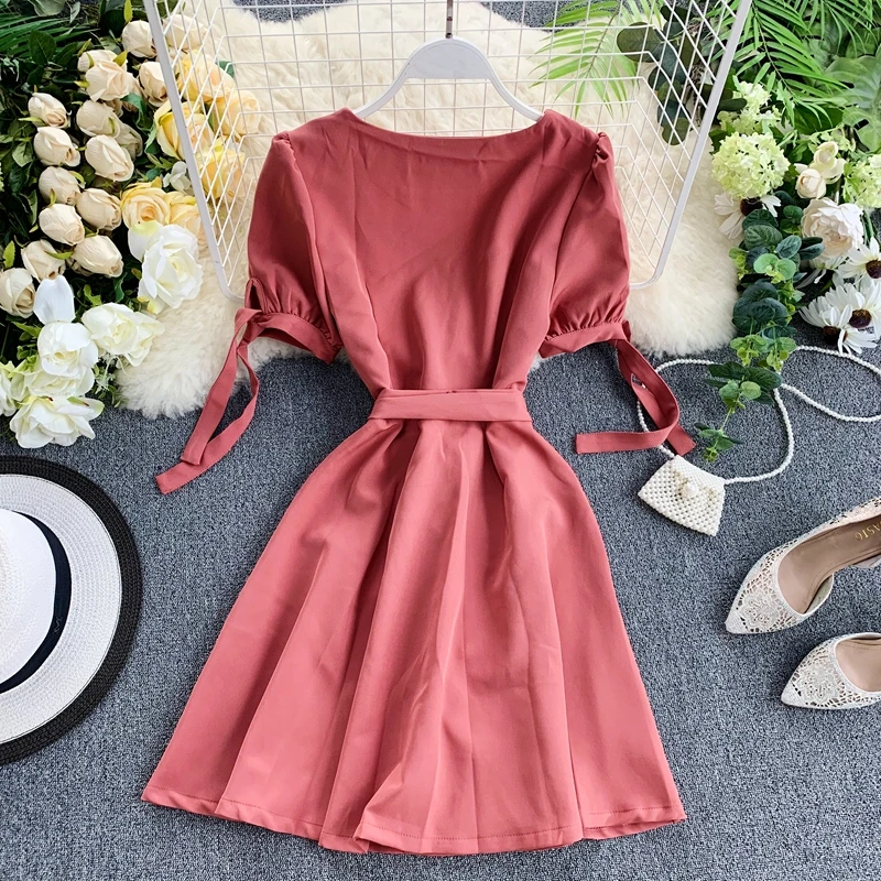 ALPHALMODA платье с квадратным воротником и короткими рукавами, французское Ретро однобортное платье с поясом и поясом, изящное летнее платье для девушек